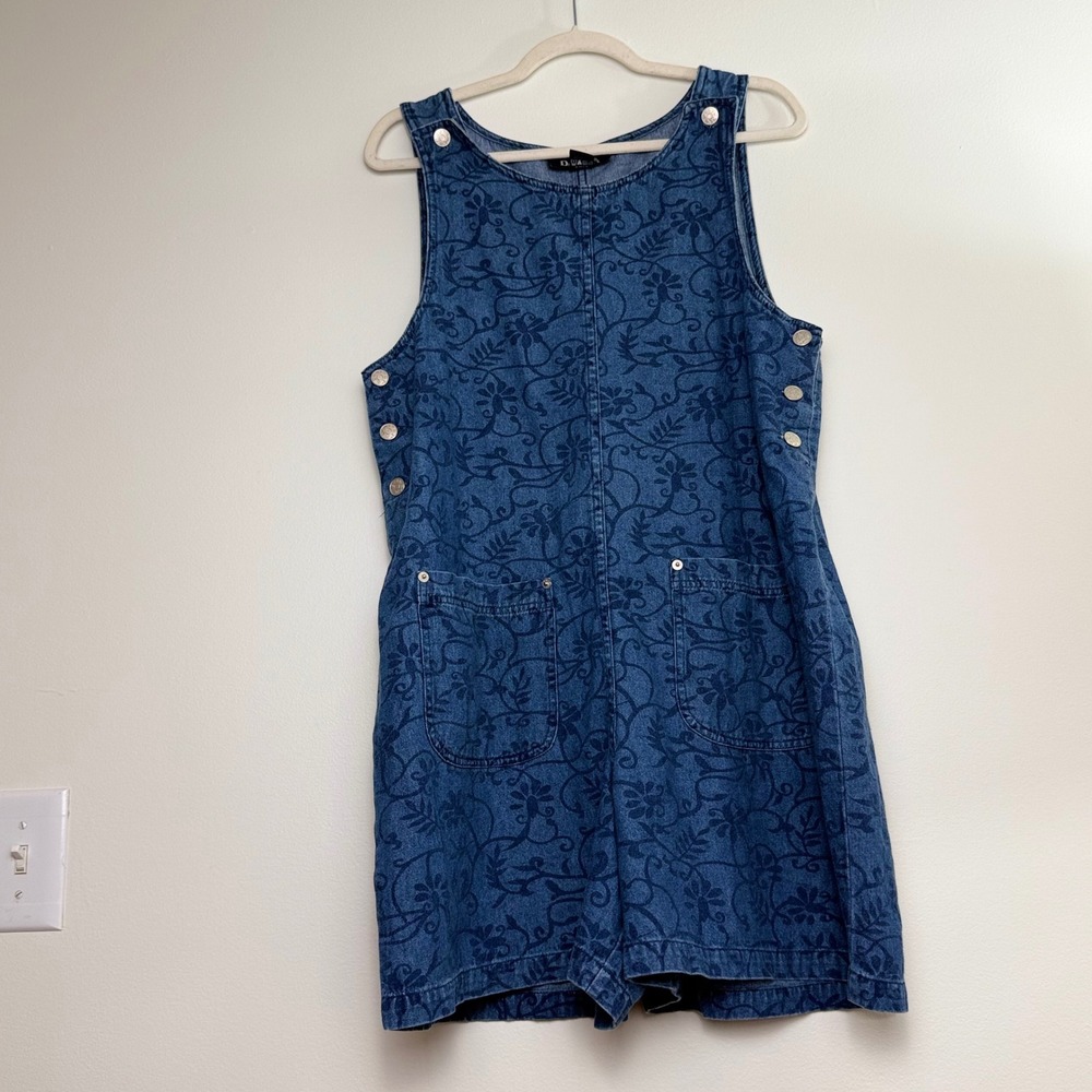 VTG Denim & Co Womens Blue Floral Print Cotton Romper Side Button Shortalls L